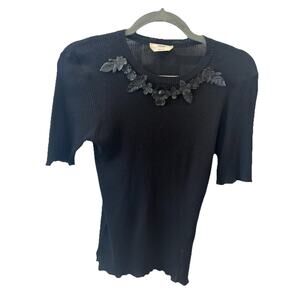 FENDI black Silk Short Sleeve Shirt With Leather Embellishment